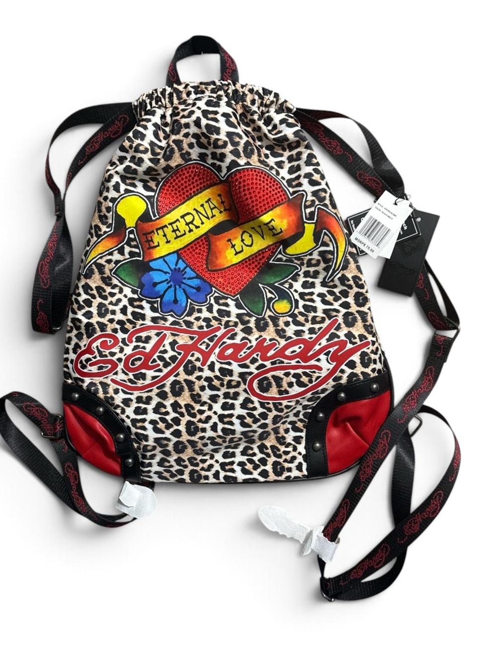 Ed Hardy Leopard Print 'Eternal Love' Drawstring Backpack - Red Accents